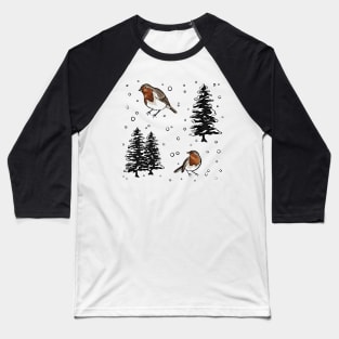 Robin and Snow Covered Trees Pattern Digital Illustration Baseball T-Shirt